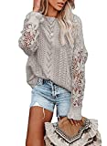 AlvaQ Womens Winter Solid Color Cute Lace Crochet Long Sleeve Knitted Casual Loose Pullover Sweater Tops Grey Small