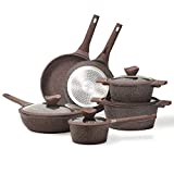 Carote Granite Nonstick Cookware Sets, 10 Pcs Pots and Pans Set Nonstick, Healthy Non Stick Induction Stone Cookware Kitchen Cooking Set w/ Frying Pans & Saucepan, PFOS, PFOA Free (Brown Granite)