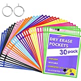 Shemira 30 Pack Oversized Dry Erase Pocket Sleeves with 2 Rings, Reusable Ticket Holders, Clear Plastic Sheet Protectors, Teacher School Classroom Supplies,10 Assorted Colors, 14.2 x 10.2 inches