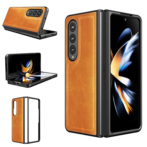 Foluu for Samsung Galaxy Z Fold 4 5G Case, Galaxy Z Fold 4 Leather Case, PU Leather + Hard PC Shell Ultra Thin Slim Durable Protective Phone Case Cover for Samsung Galaxy Z Fold 4 5G 2022 (Yellow)