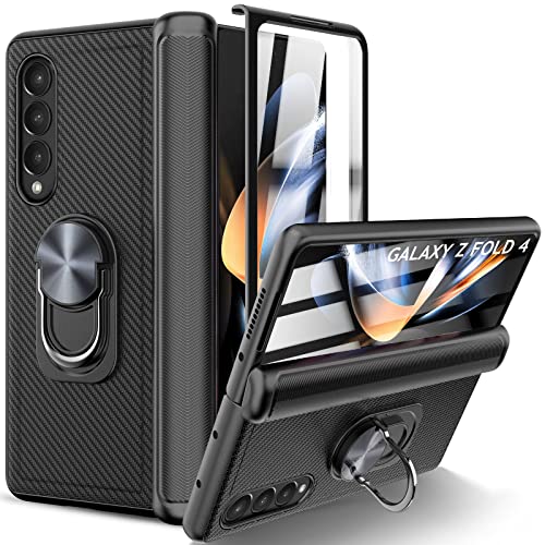 Viaotaily for Samsung Galaxy Z Fold 4 Case with Kickstand & Hinge Protection & Screen Protector, Magnetic All-Inclusive Anti-Drop Leather PU Cover for Samsung Galaxy Z Fold 4 5G 2022 (Carbon Fiber)