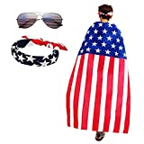 American Flag Costume Cape,Retro 80's American USA Sunglasses and USA Flag Headband Kerchief Unisex Cowboy Bandanas Patriotic Accessories(L35xW59inch)