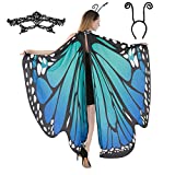 Butterfly Wing Cape Shawl with Lace Mask and Black Velvet Antenna Headband Adult Women Halloween Costume Accessory (Blue)
