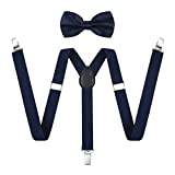 ULEEMARK Tool Belt with Suspenders Adjustable Buckle with Mens Suspenders Strong Clip Bow Tie,Elastic Y Shape Navy Blue Suspenders for Men