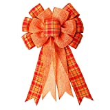 Orange Buffalo Plaid Bow, Thanksgiving Wreath Bow Fall Bow Large Fall Wreath Gift Burlap Bow for Thanksgiving, Fall, Christmas, Front Door Wreath, Tree Topper, Home Indoor Outdoor Decorations