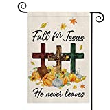 AVOIN colorlife Fall For Jesus Pumpkin Garden Flag Vertical Double Sided He Never leaves, Maple Leaf Bible Mini Flag, Autumn Harvest Thanksgiving Holiday Yard Outdoor Decoration 12.5 x 18 Inch