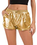 Tandisk Women's Yoga Hot Shorts Shiny Metallic Pants with Elastic Drawstring Gold L