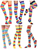 Awlsyj 6 Pair Rainbow Stripes Knee High Socks Long Thigh Socks Halloween Witch Cosplay Stocking Women Girls (Rainbow Stripes(Over Knee))