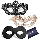 Masquerade Mask for Couples Women and Men - 3 Pack Venetian Gold and Black Lace, Mardi Gras Mask