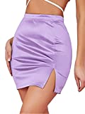 LYANER Women's Satin Silky Elastic Wasit Split Slit Hem Bodycon Short Skirt Purple X-Large