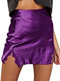 LYANER Women's Satin Lace Trim Split Slit Hem Zipper High Wasit Mini Short Skirt Deep Purple Small