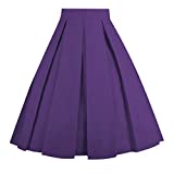 OBBUE Dresstore Vintage Pleated Skirt Floral A-line Printed Midi Skirts with Pockets Purple-L