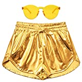 Yellow Shorts Women's Gold Metallic Shorts Yoga Sparkly Hot Summer Drawstring Outfit Pairing with Glasses