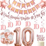 10th Birthday Decorations for Girl Rose Gold, Peace Out Single Digits IM 10 Glitter Banner & Cake Topper, Hanging Swirl, Number 10 Balloon Double Digits Tenth Birthday Party Supplies