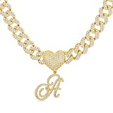 KRFY Cursive Gold A Initial Pendant Necklace Iced Out Miami Cuban Link Chain for Women 18K Gold Plated Alphabet Letter Pendant Choker Hip Hop Chain Trendy Dainty Rapper Jewelry Gift