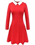 Aphratti Women's Long Sleeve Casual Peter Pan Collar Fit and Flare Skater Dress Red Medium