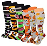 6 Pairs Women's Fancy Design Multi Colorful Patterned Knee High Socks (Halloween)