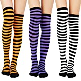 3 Pairs Women Striped Over Knee Socks Thigh High Stockings for Halloween Christmas