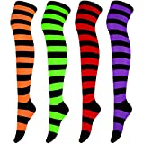 Aneco 4 Pairs Over Knee High Stripe Socks Halloween Cosplay Accessories for Adult Woman