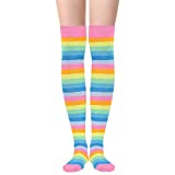 Uttpll Womens Thigh High Socks Striped Stockings Fashion Colored Long Over Knee High Socks for Halloween, Party, Daily Wear Pink Rainbow One Size