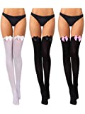 3 Pairs Women Bow Lace Thigh High Stockings Over The Knee Socks for Halloween Valentine's Day Dress Daily Favors (Black with Black Bow, Black with Pink Bow, White with White Bow)