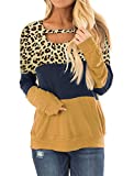 Topstype Women's Fall Color Block Chest Cutout Tunics Long Sleeve Shirts Scoop Neck Blouse Casual Loose Fit Tops (X-Leopard/Blue/Yellow, Small)