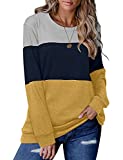 CRAZY GRID Ladies Long Sleeve Tops Pullover Color Block Casual Sweatshirts Comfy Lounge Blouse Blue Yellow Medium