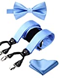 Baby Blue Suspenders for Men Solid Handkerchief 6 Clips Adjustable Braces Y Shape Suspender and Bow Tie & Pocket Square Set for Wedding Party