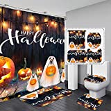 JOINSI 4 PCS Halloween Shower Curtain Set with Toilet Lid Cover, Rug and Mat for Bathroom Decorations (Happy Halloween)