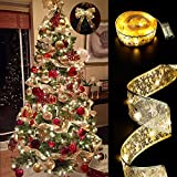 GIHOO Christmas Ribbon Lights Gold 32ft (2X16ft) 100 LED Lights Battery Powered Double Layer Copper Wire Ribbon Bows Fairy Strings Lights for Weddings New Year Christmas Tree Decorations (Gold)