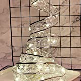 Christmas Silver Ribbon with Lights, Christmas Tree Topper Accessories, 13ft(4m) 40 LED Battery Operated, Indoor String Lights Decoration for Christmas and New Year