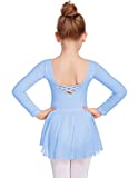 Flypigs Basic Long Sleeve Leotard for Girls Gymnastics Toddler Ballet Leotard with Chiffon Tutu Skirt SkyBlue 4-5T