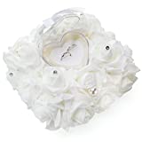 HoneyGifts Wedding Ring Pillow, Ring Bearer Ring Box Holder with Decorative Pearls Diamonds and Ribbon for Wedding Ceremony Proposal Anniversary