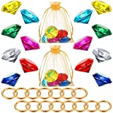 45Pcs Acrylic Diamond Gem Jewelry Alloy Gold Round Ring Set Hedgehog Chaos Emerald Power Ring Halloween Party Favor Pirate Treasure Hunting Cake Decor with Gift Bag