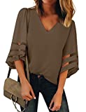 LookbookStore Women Vneck Mesh Panel Brown Work T Shirts for Women V Neck Casual 3/4 Flared Bell Sleeve Blouse Loose Business Office Blouse and Tops Size Small