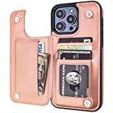 ONETOP Compatible with iPhone 14 Pro Max Wallet Case with Card Holder, PU Leather Kickstand Card Slots Case, Double Magnetic Clasp and Durable Shockproof Cover 6.7 Inch (Rose Gold)