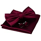 GUSLESON Mens Maroon Wedding Bow tie Double Fold Pre-tied Bowtie and Pocket Square Cufflink Set (0570-01)