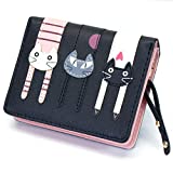 Valentoria Birthday Gifts for Women's Mini Faux Leather Bifold 3 Cat Design Clutch Wallet (Black)