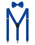 Mens Suspenders and Bow Tie Set Adjustable Elastic Clip On Suspenders for Wedding by Grade Code (Royal Blue)