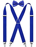 Men's X Back Suspender and Bow Tie Set Elastic Adjustable Braces, Royal Blue