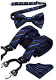 Bow Tie and Suspenders for Men Blue Striped Adjustable Y Shape 6 Clips Tuxedo Suspender & Pocket Square Set Wedding Party Braces