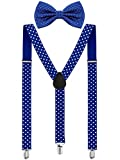 Suspender Bow Tie Set Clip On Y Shape Adjustable Braces, 80s Suspenders Shoulder Straps for Halloween Cosplay Party(Royal Blue with White Dots)
