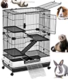 Large 32L Indoor Small Animal Rabbit Cage Small Animal Hutch with Lockable Wheels (4-Levels, Black)