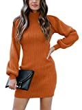 ANRABESS Women's Slim Fit Cable Knit Turtleneck Long Sleeve Sweater Dress A145zhuanhong-S Rust Orange