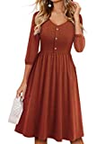 YATHON Fall Dresses for Women 3/4 Balloon Sleeve V Neck Button Down A-Line Casual Dress with Pockets (M, YT097-Brown)