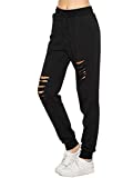 SweatyRocks Women's Ripped Pants Drawstring Yoga Workout Sweatpants Black XL