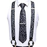 Barry.Wang Men Suspender Set with Necktie Elastic Y Type Heavy Duty 6 Clips Braces Designer Gift (Paisley Black)