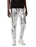 LucMatton Mens Tin Metallic Shiny Jogger Sweatpants 70s Disco Hippop Party Rock Star Elastic Sparkle Trousers Silver Pants Medium