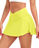 Pleated Tennis Skirts for Women High Waisted Crossover Skirt Athletic Golf Skort with Pockets (Yellow,S)