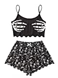 SOLY HUX Women's Cute Cartoon Print Lettuce Trim Cami Top and Shorts Cute Pajama Set Sleepwear Black Skull M